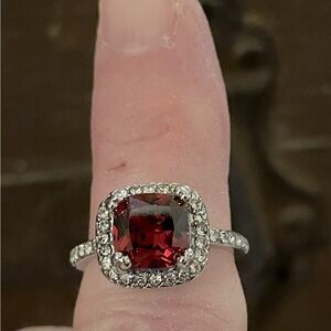 Silver Ring with Tiny Clear Stones and Deep Red Center Size 6 1/2